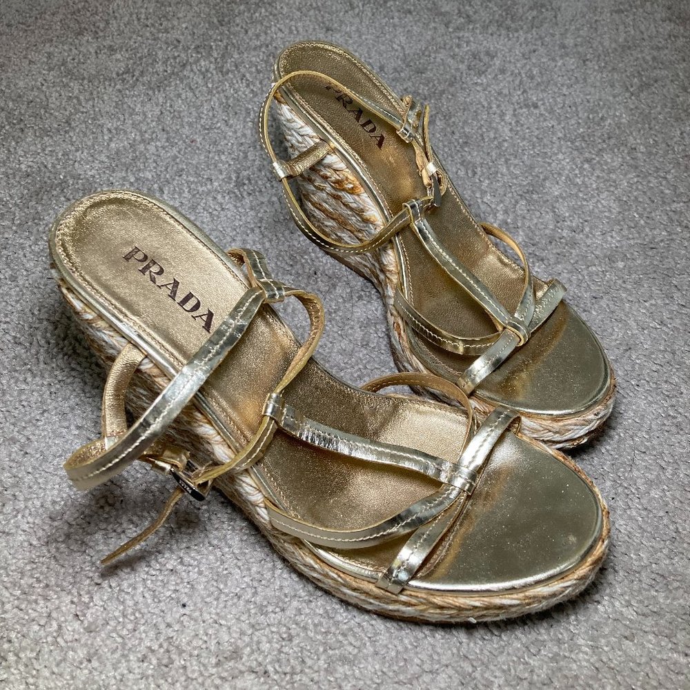 Prada Gold Metallic Rope Wedge Sandals - Size 38